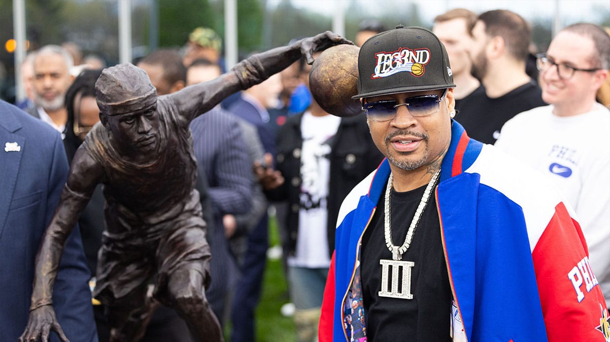 Philadelphia 76ers great Allen Iverson during the unveiling of the statue honoring him in a ceremony at the Philadelphia 76ers Training Complex.