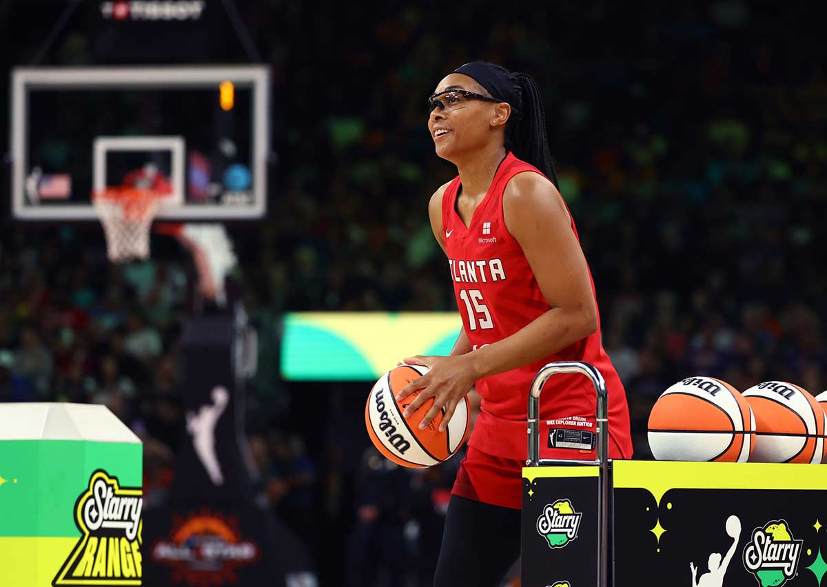 Atlanta Dream player Allisha Gray participates in the 3-point contest during the WNBA All-Star Skills Night at the Footprint Center.