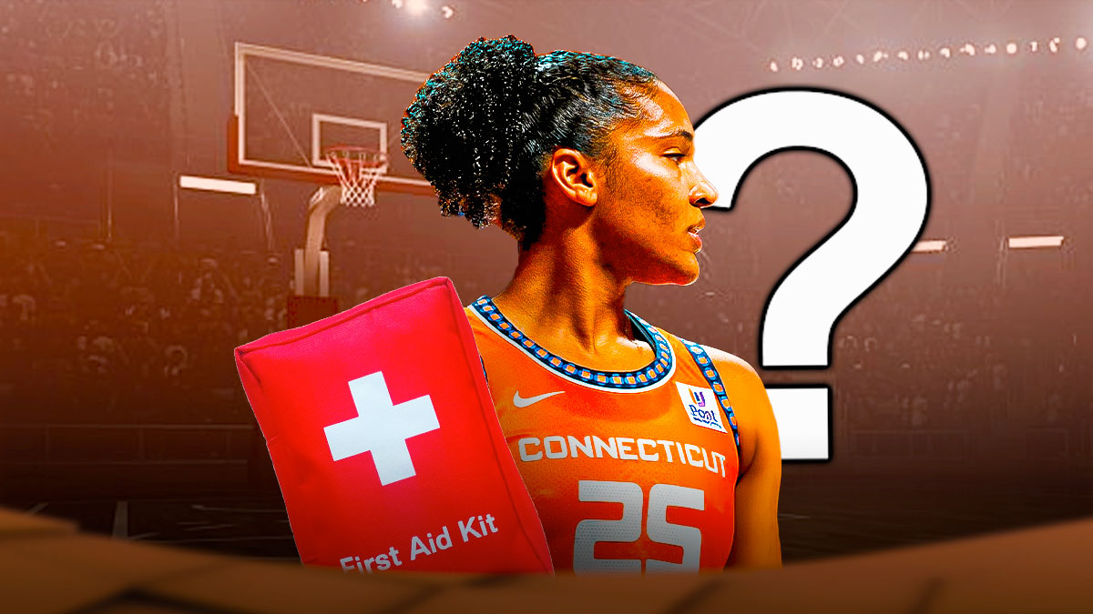 Sun star Alyssa Thomas with medical kit in front of her, question mark in back