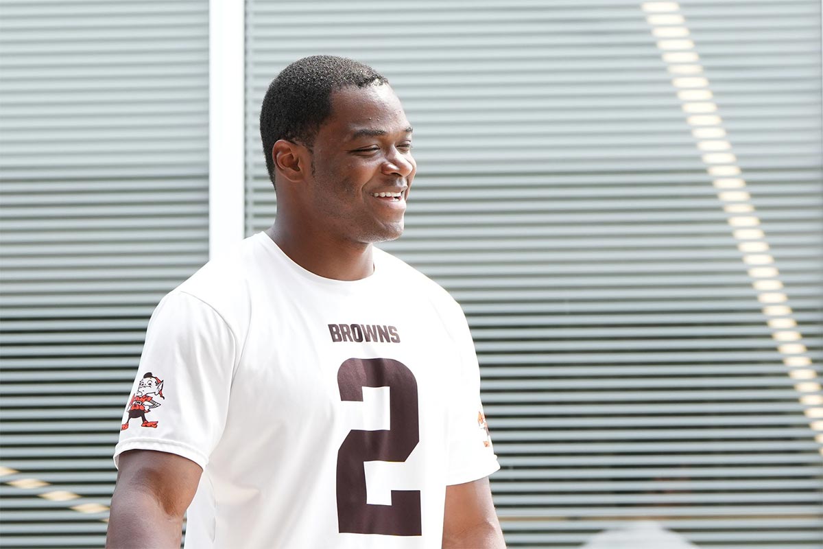 Cleveland Browns wide receiver Amari Cooper (2) is interviewed after the morning session at the Browns training facility in Berea, Ohio.