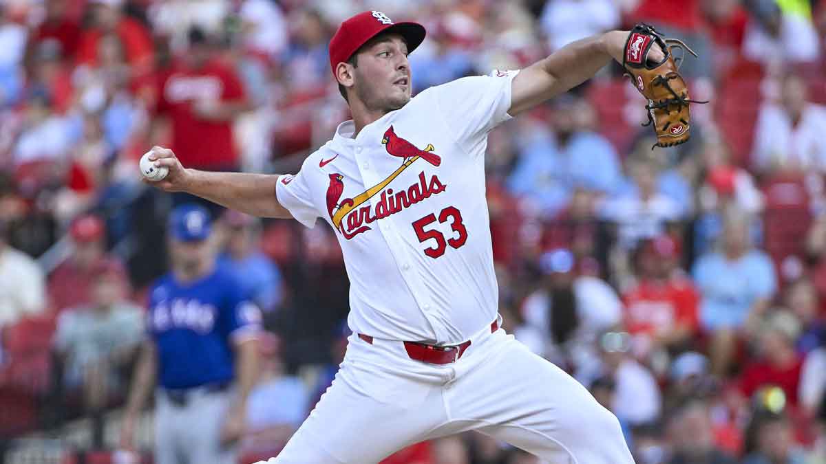 Jul 29, 2024; St. Louis, Missouri, USA; St. Louis Cardinals starting pitcher Andre Pallante (53) pitches against the Texas Rangers during the first inning at Busch Stadium. 
