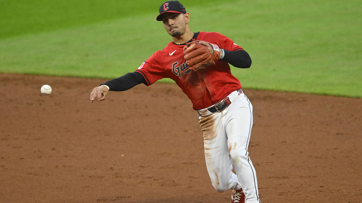 Cleveland Guardians second baseman Andres Gimenez (0) throws to first base in the third inning against the Texas Rangers at Progressive Field.