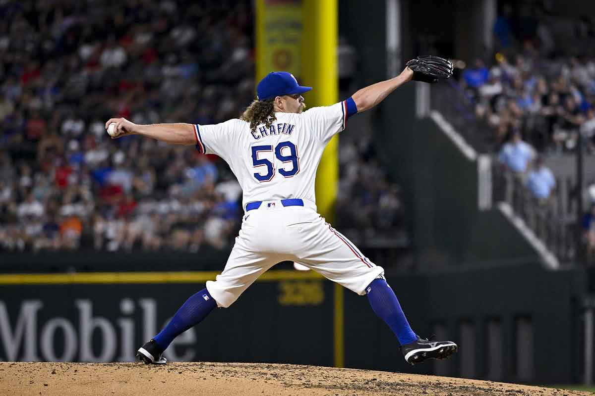 Texas Rangers relief pitcher Andrew Chafin (59) in action during the game between the Texas Rangers and the Boston Red Sox at Globe Life Field.