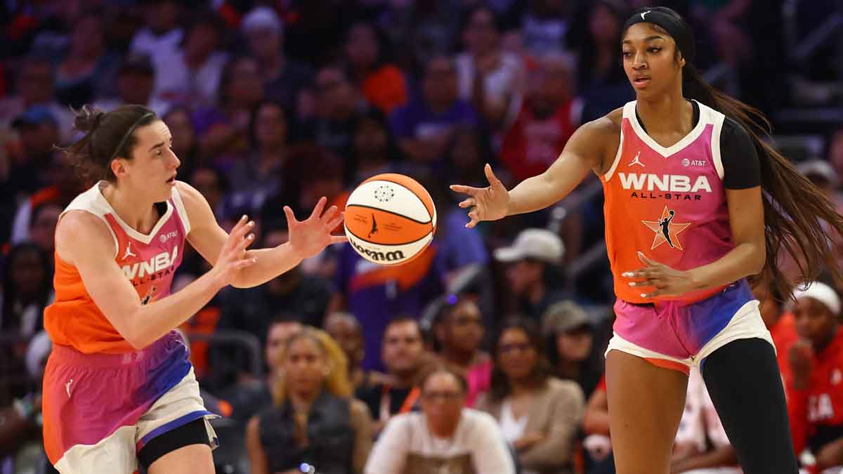 Team WNBA guard Caitlin Clark (left) and Angel Reese against the USA Women's National Team during the 2024 WNBA All Star Game at Footprint Center. 