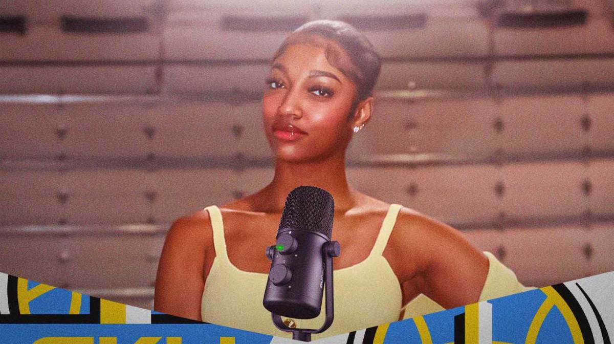 Angel Reese with a podcast microphone for "Unapologetically Angel"