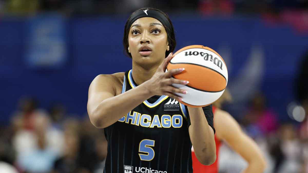 Chicago Sky forward Angel Reese (5) shoots a free throw against the Indiana Fever during the second half at Wintrust Arena.