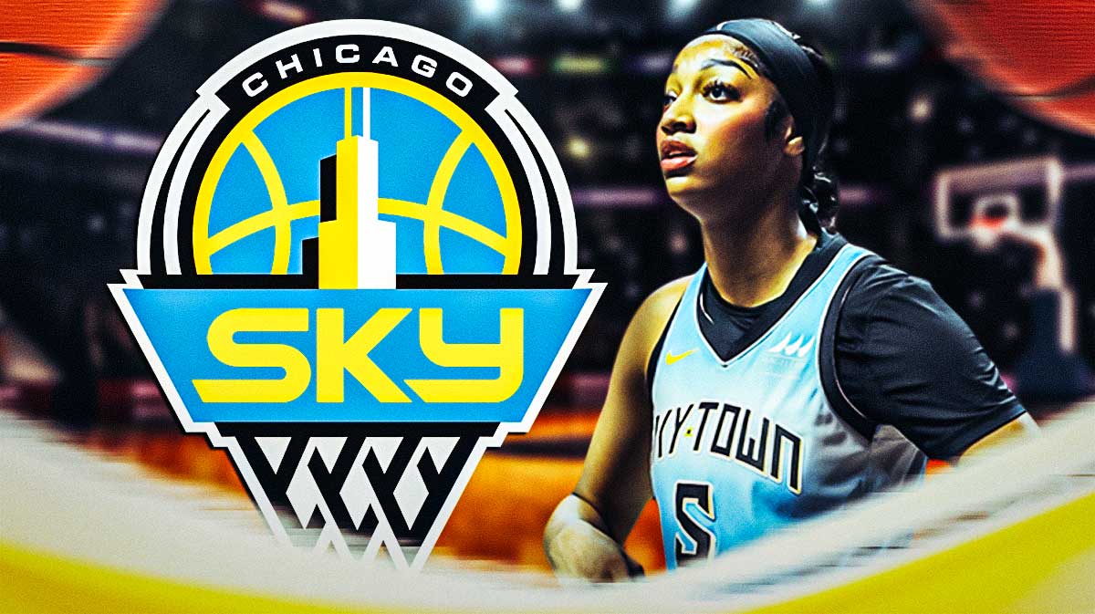 Angel Reese in a Sky jersey with a Chicago Sky logo next to her.