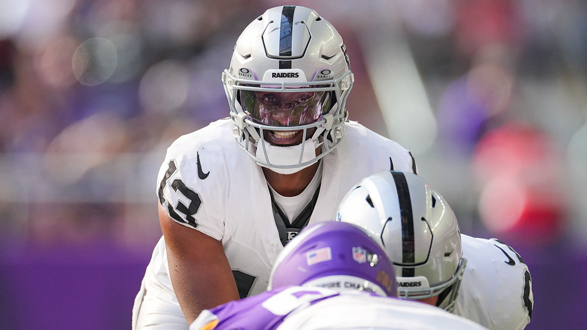 Las Vegas Raiders quarterback Anthony Brown Jr. (13) under center against the Minnesota Vikings in the fourth quarter at U.S. Bank Stadium. 