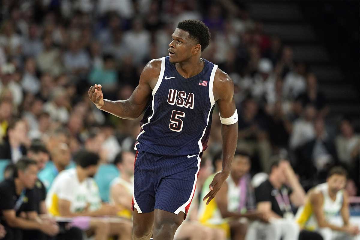 United States guard Anthony Edwards (5) reacts in the fourth quarter against Brazil in a men’s basketball quarterfinal game during the Paris 2024 Olympic Summer Games at Accor Arena. 