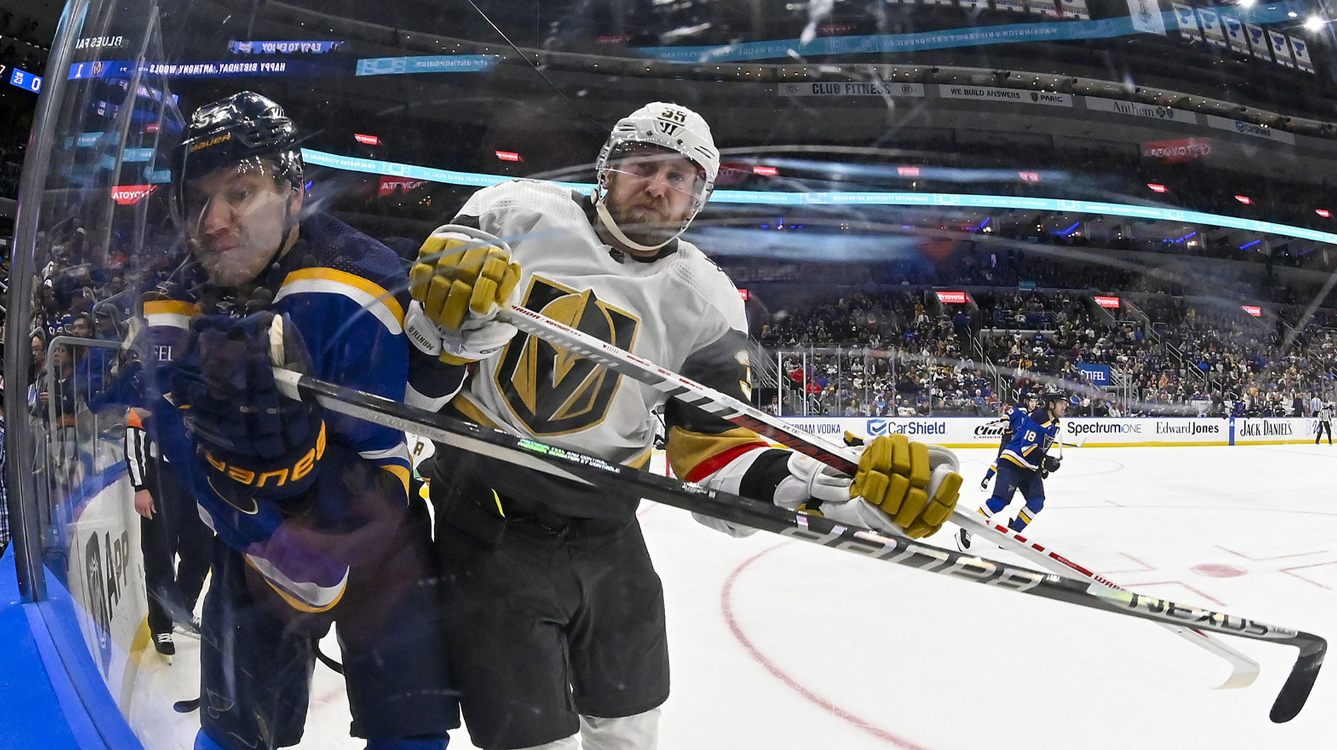 Vegas Golden Knights right wing Anthony Mantha (39) checks St. Louis Blues defenseman Colton Parayko (55) during the third period at Enterprise Center
