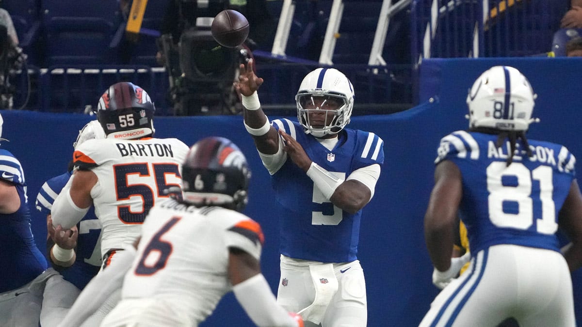 Indianapolis Colts quarterback Anthony Richardson (5) throws a pass during the first half of a preseason game against the Denver Broncos on Sunday, Aug. 11, 2024, at Lucas Oil Stadium in Indianapolis. The Broncos defeated the Colts 34-30.