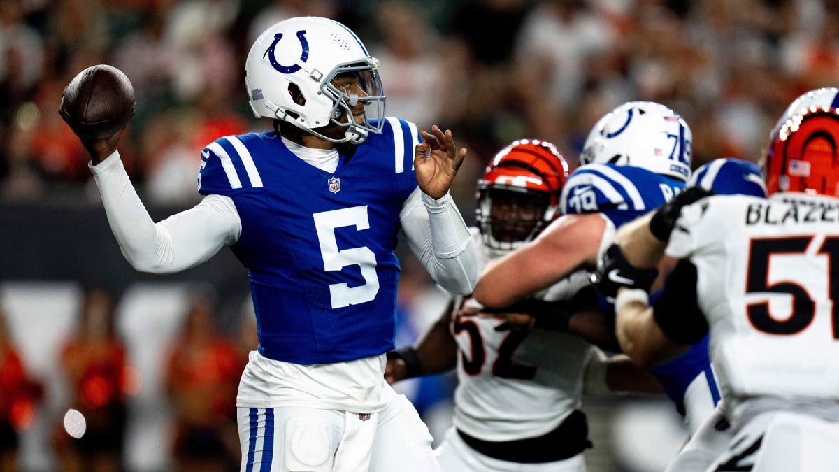 Indianapolis Colts quarterback Anthony Richardson (5) throws a pass in the second quarter of the NFL preseason game between the Cincinnati Bengals and the Indianapolis Colts at Paycor Stadium in Cincinnati on Thursday, Aug. 22, 2024.