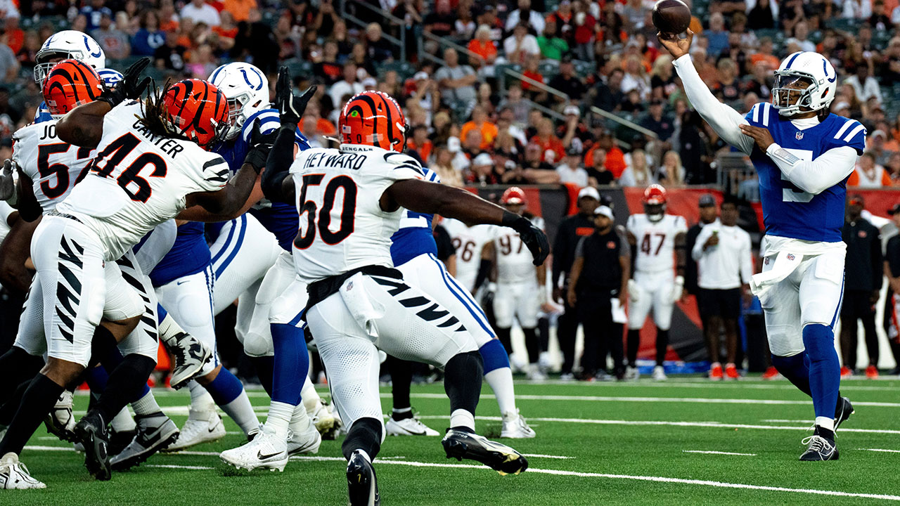 Indianapolis Colts quarterback Anthony Richardson (5) throws a pass in the first quarter at Paycor Stadium in Cincinnati on Thursday, Aug. 22, 2024.