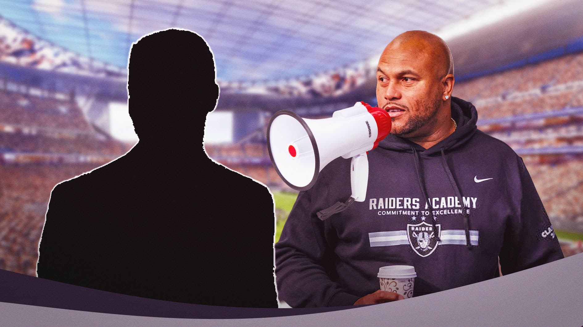 Raiders HC Antonio Pierce with bullhorn in front of his mouth and a black silhouette beside him