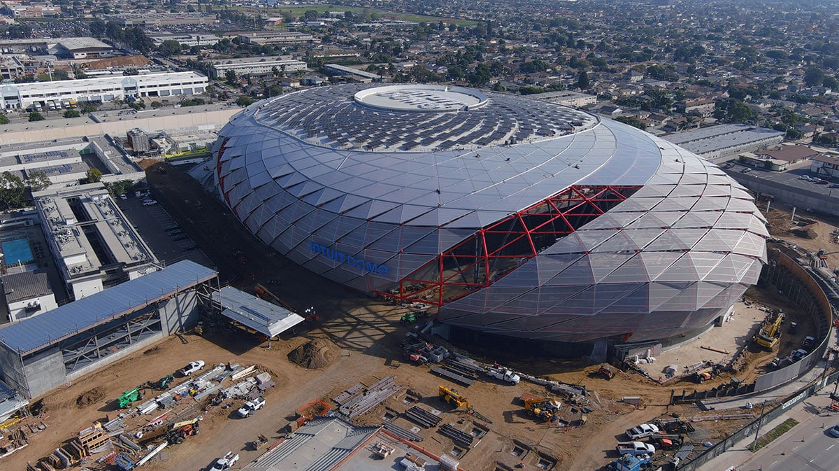 The Intuit Dome is seen from an aerial view while under construction. The arena will the future home of the LA Clippers and site of the 2026 NBA All-Star Game. 