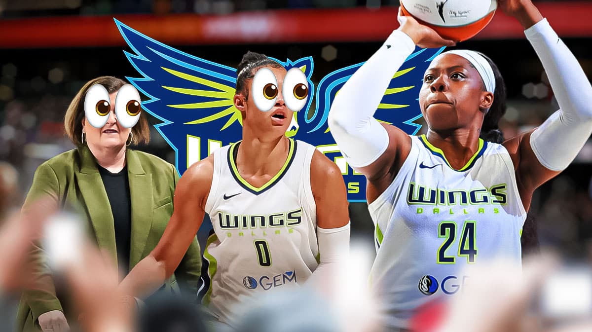 Wings Arike Ogunbowale on right shooting a basketball. Wings Latricia Trammell, Wings Satou Sabally on left with eyes popping out looking at Ogunbowale. Dallas Wings 2024 logo in background.