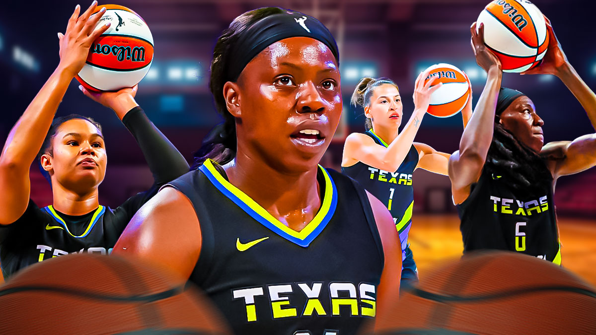 Arike Ogunbowale in front, with Wings Satou Sabally, Natasha Howard and Sevgi Uzun all playing basketball