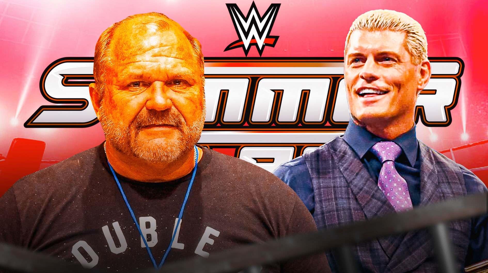 Arn Anderson and Cody Rhodes in front of the 2024 SummerSlam logo as the background.