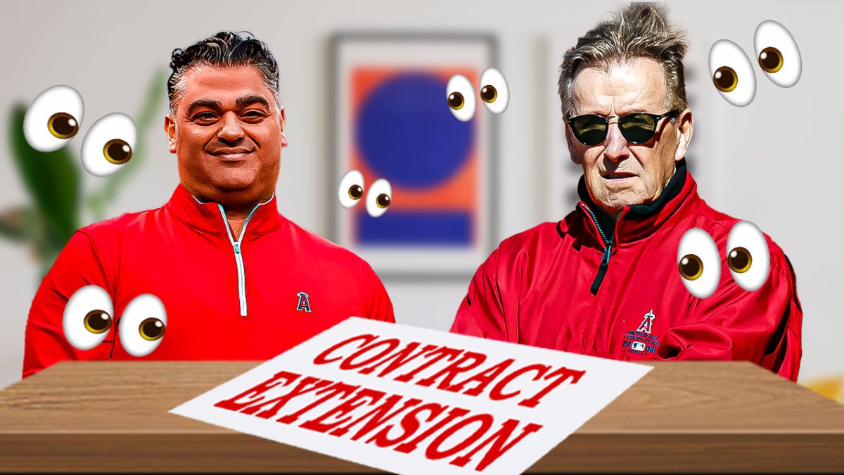 Arte Moreno sitting on one side of a table. Perry Minasian sitting on the other side of table. On the table, place a piece of paper that reads: CONTRACT EXTENSION Please place eyeball emojis all over the image as well.