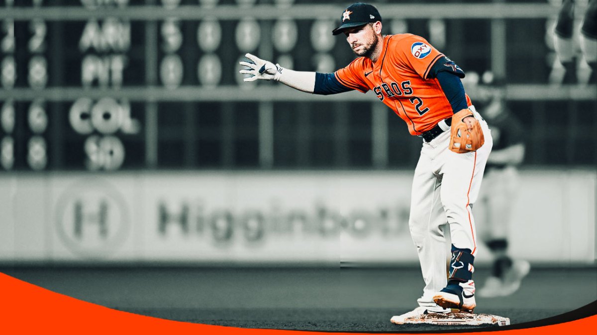 Astros Alex Bregman with a baseball hat and a glove standing near first base. Be sure to find an image of FIRST BASE at Minute Maid Park and place Bregman next to it.