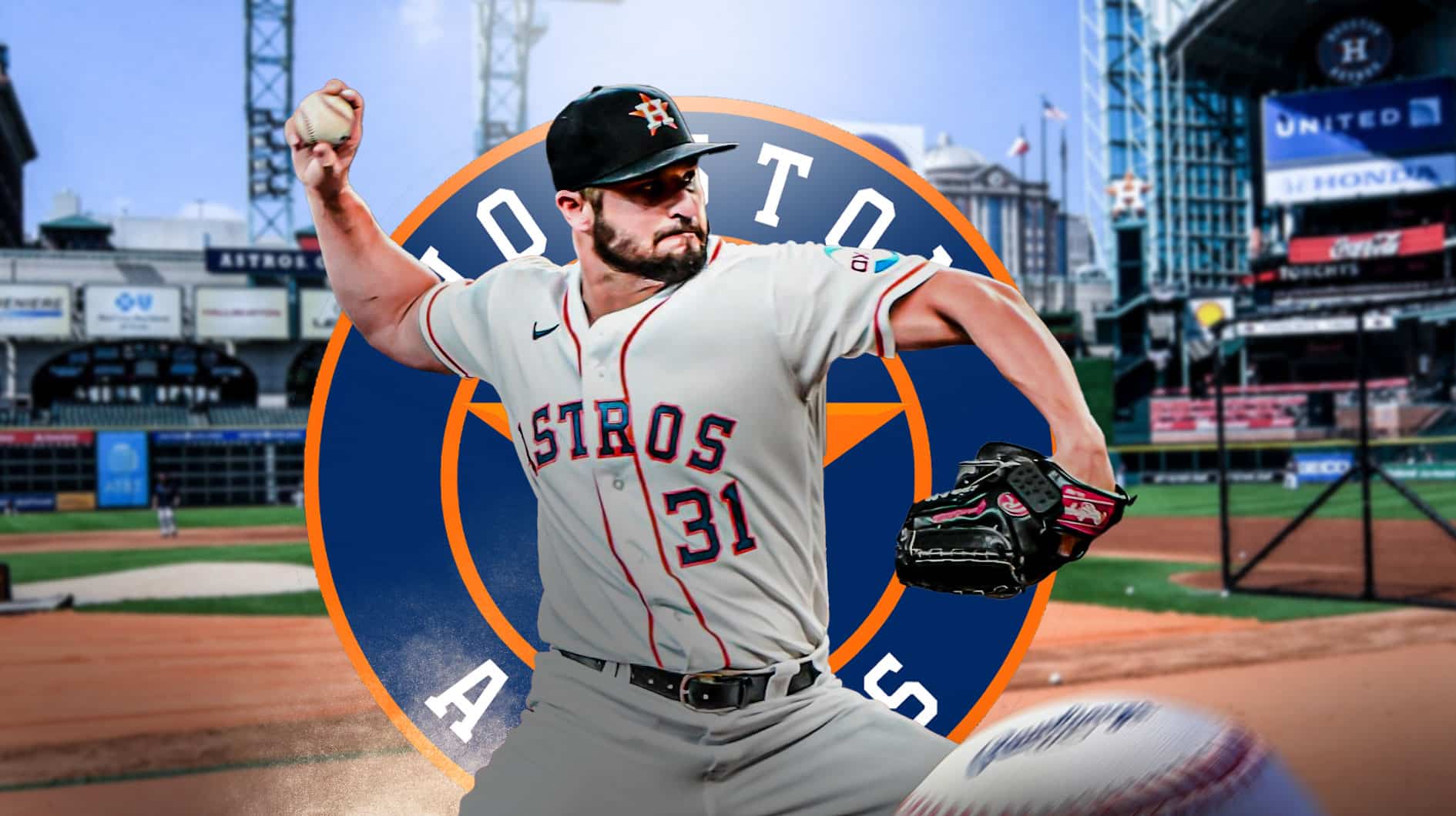 Kendall Graveman pitching in a Houston Astros uniform with an Astros logo in the image as the Astros reliever pitched from the mound for the first time since surgery and is rehabbing from injury - one of Astros injuries.