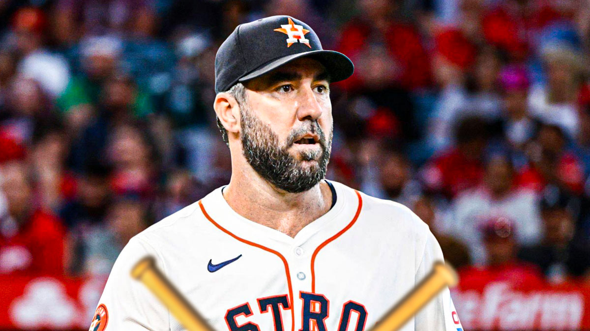 Houston Astros star Justin Verlander in front of Minute Maid Park.