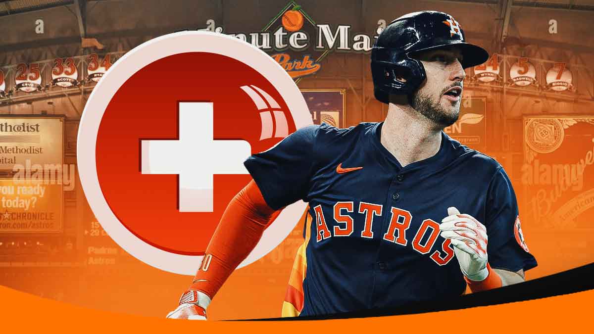 Kyle Tucker in a Houston Astros uniform with a red and white first aid symbol as Tucker remains out of the lineup with an injury but the Astros hope he can return for the playoffs.