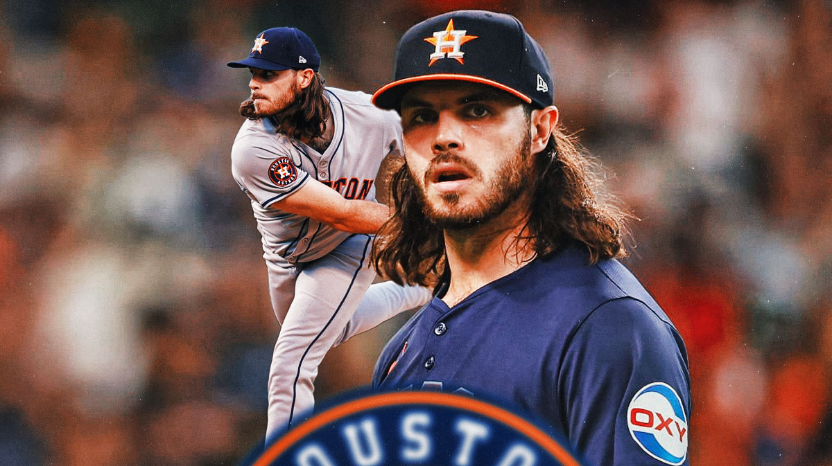 Houston Astros star Spencer Arrighetti in front of Minute Maid Park.
