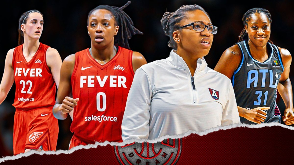 Tanisha Wright in Dream coaching gear, Tina Charles in a Dream jersey, and Kelsey Mitchell and Caitlin Clark both in Fever jerseys.