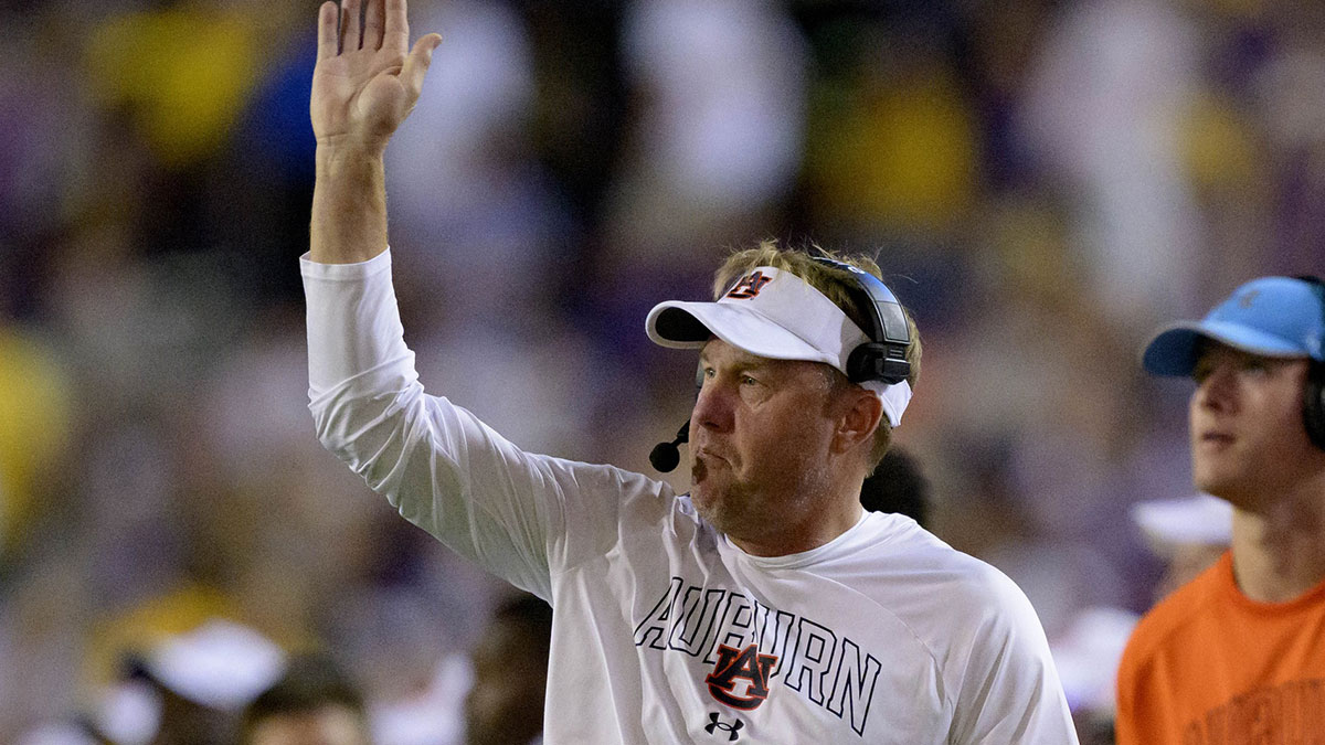 Auburn Tigers head coach Hugh Freeze reacts to a holding call against Auburn during the second quarter against the LSU Tigers at Tiger Stadium.
