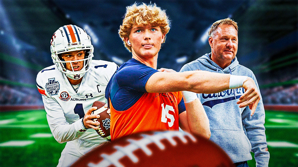 Auburn football star Hank Brown in the center with Hugh Freeze and Payton Thorne.