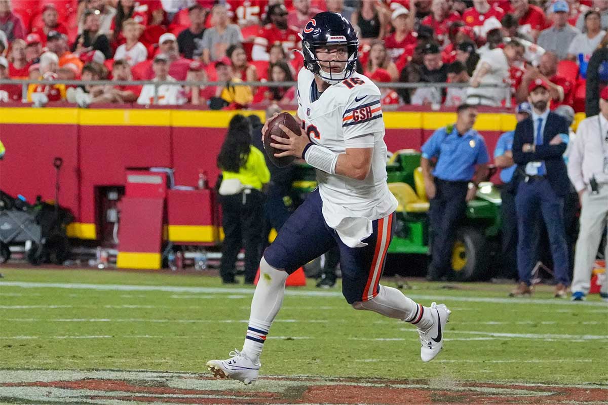 Kansas City, Missouri, USA; Chicago Bears quarterback Austin Reed (16) drops back to pass against the Kansas City Chiefs during the second half at GEHA Field at Arrowhead Stadium.