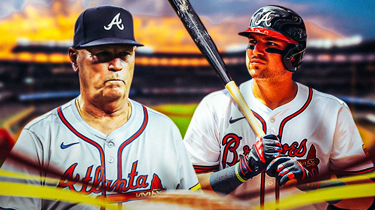 Braves manager Brian Snitker looking concerned at Austin Riley