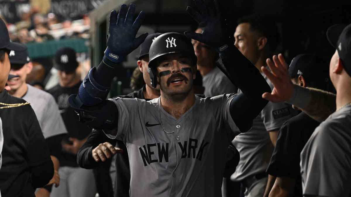 New York Yankees catcher Austin Wells (28) celebrates in the dugout after hitting a home run against the Washington Nationals during the sixth inning at Nationals Park. 