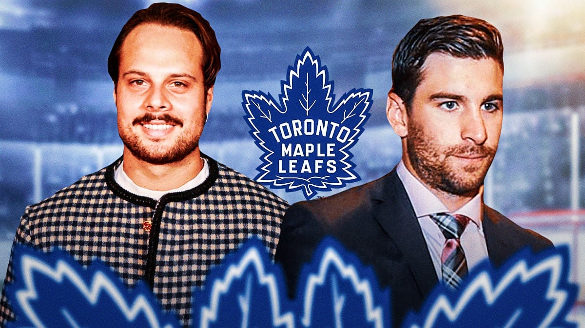 Auston Matthews and John Tavares both in image, Toronto Maple Leafs logo in middle, hockey rink in background