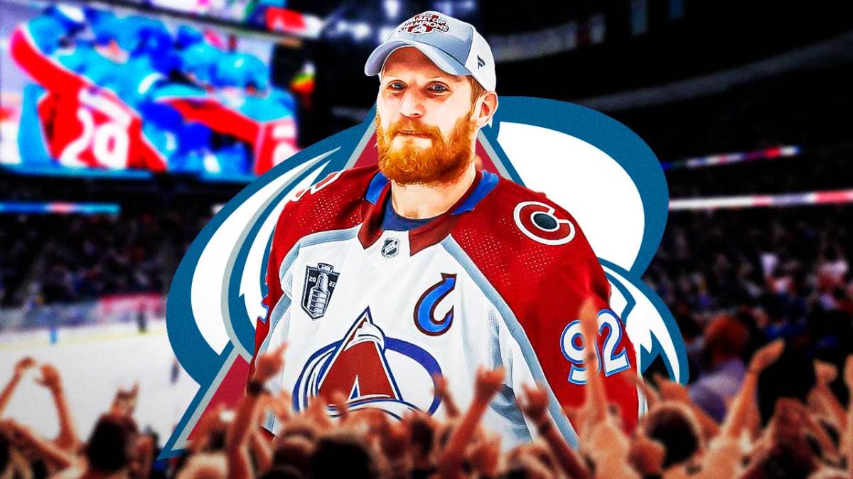 Gabriel Landeskog looking hopeful, Colorado Avalanche logo, hockey rink in background
