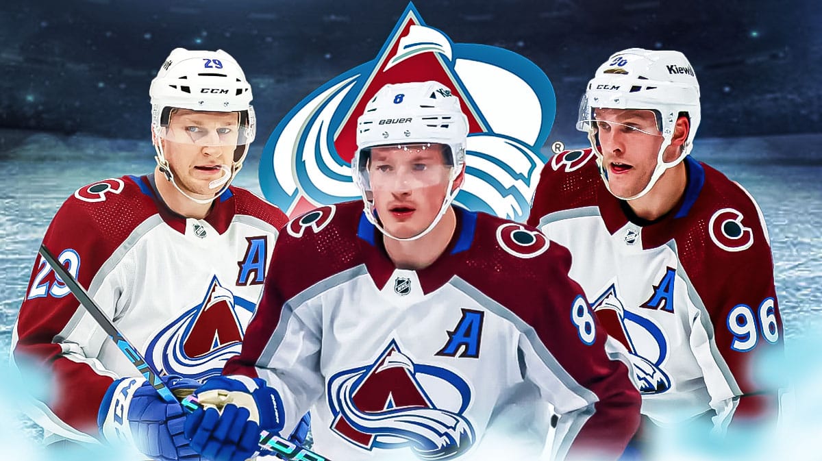 Nathan MacKinnon, Cale Makar, and Mikko Rantanen in front of a Colorado Avalanche logo.