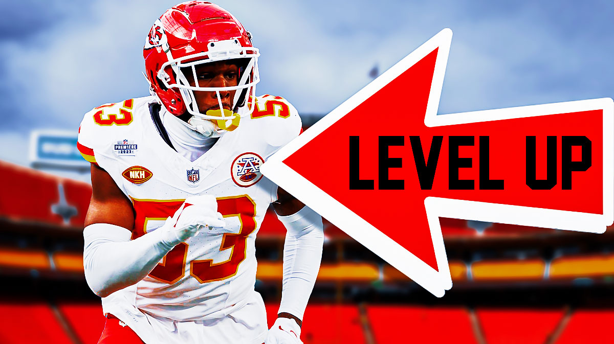 B.J. Thompson with an arrow next to him that says "level up" with a Chiefs-themed BG.