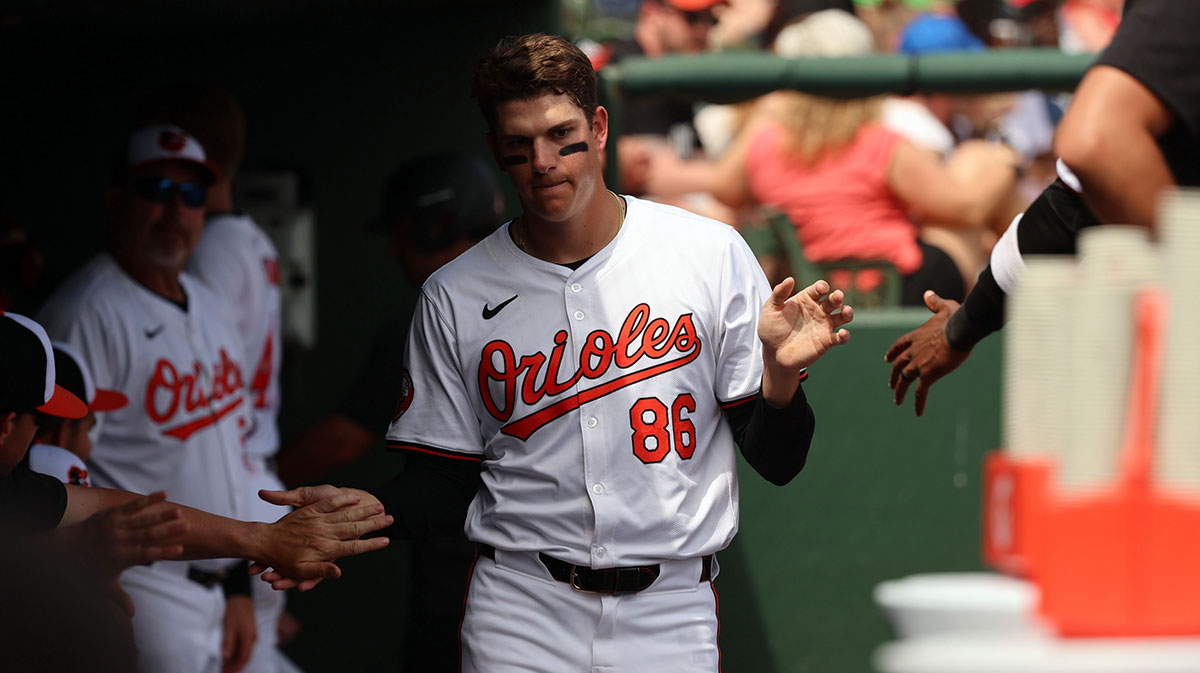 Baltimore Orioles infielder Coby Mayo (86) scores a run during the fifth inning against the Boston Red Sox at Ed Smith Stadium.