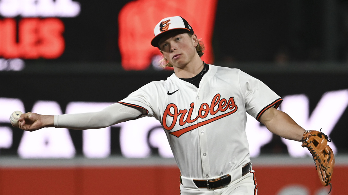 Apr 15, 2024; Baltimore, Maryland, USA; Baltimore Orioles second baseman Jackson Holiday throws to second base during the eighth inning against the Minnesota Twins at Oriole Park at Camden Yards. Mandatory Credit: Tommy Gilligan-USA TODAY Sports