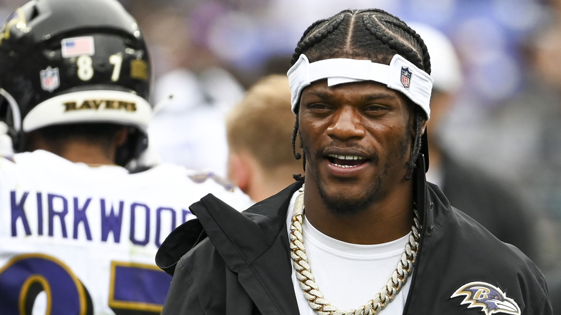 Baltimore Ravens quarterback Lamar Jackson walks on the sidelined during the second half against the Atlanta Falcons at M&T Bank Stadium.