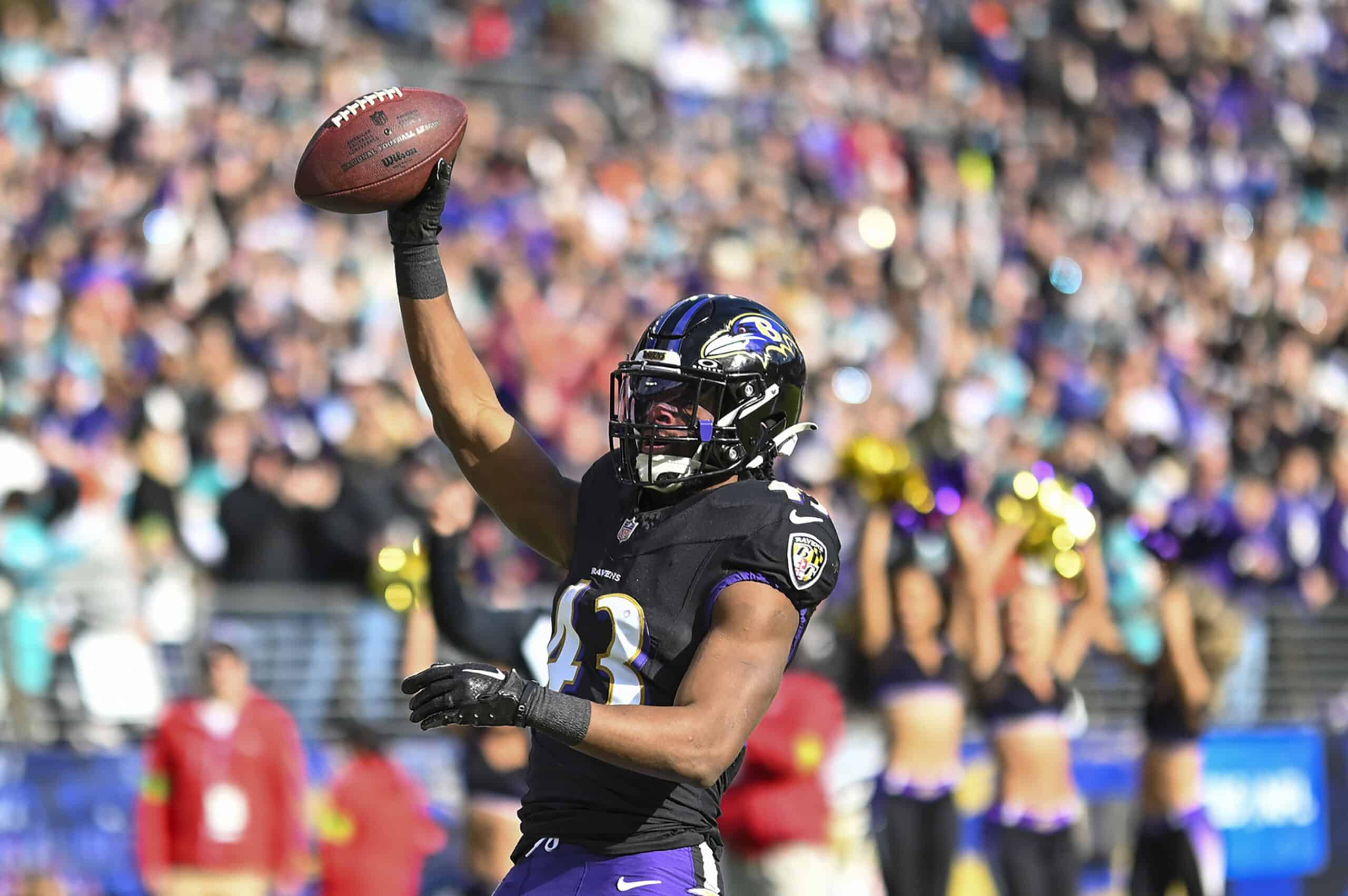 Baltimore Ravens running back Justice Hill (43) reacts aft4er scoring a touchdown during the first quarter against the Miami Dolphins at M&T Bank Stadium. 