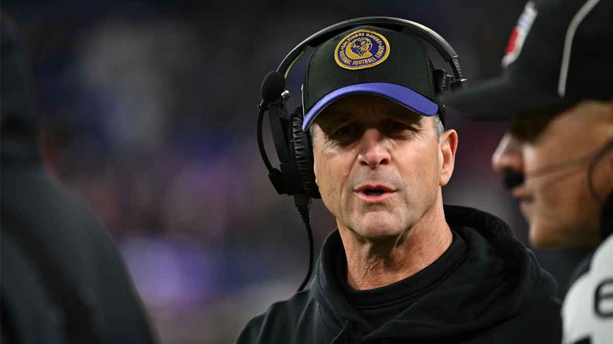 Jan 28, 2024; Baltimore, Maryland, USA; Baltimore Ravens head coach John Harbaugh questions a call against the Kansas City Chiefs during the second half in the AFC Championship football game at M&T Bank Stadium. Mandatory Credit: Tommy Gilligan-USA TODAY Sports