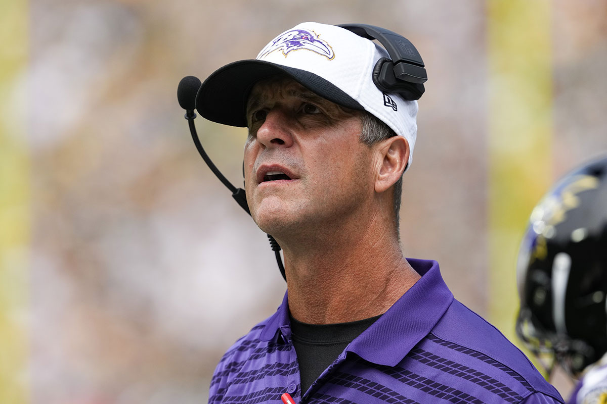 Baltimore Ravens head coach John Harbaugh looks on during the first quarter against the Green Bay Packers at Lambeau Field. 