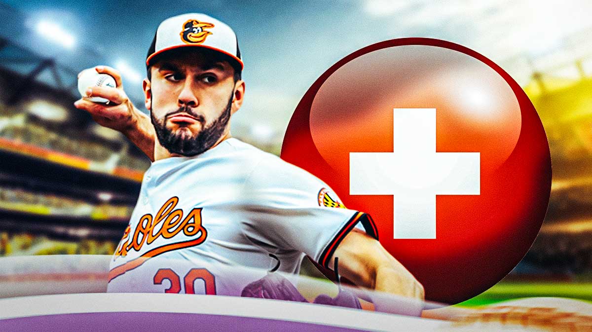 Grayson Rodriguez pitching in a Baltimore Orioles uniform with a red and white first aid symbol as the Orioles updated Rodriguez's injury status - the latest Orioles pitching injury.