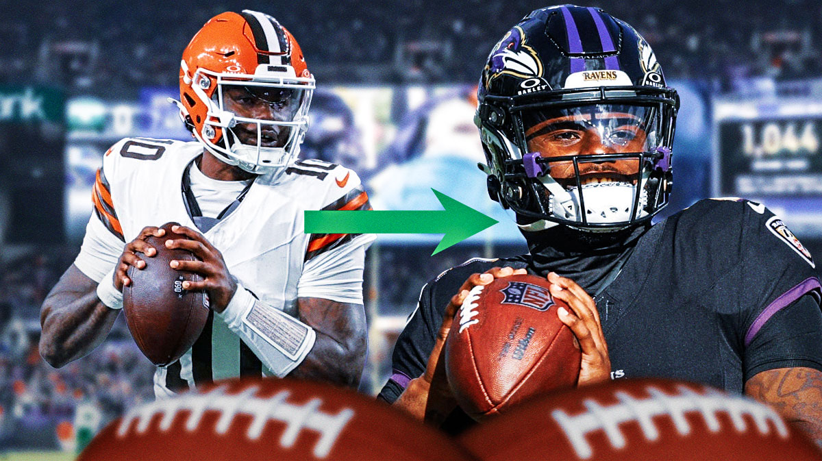 Tyler Huntley in a Browns jersey with an arrow pointing to the right in the middle, and Tyler Huntley in a Ravens jersey.