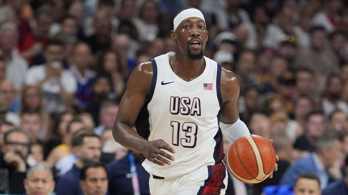 United States center and Miami Heat All-Star Bam Adebayo (13) dribbles in the third quarter against South Sudan during the Paris 2024 Olympic Summer Games at Stade Pierre-Mauroy.