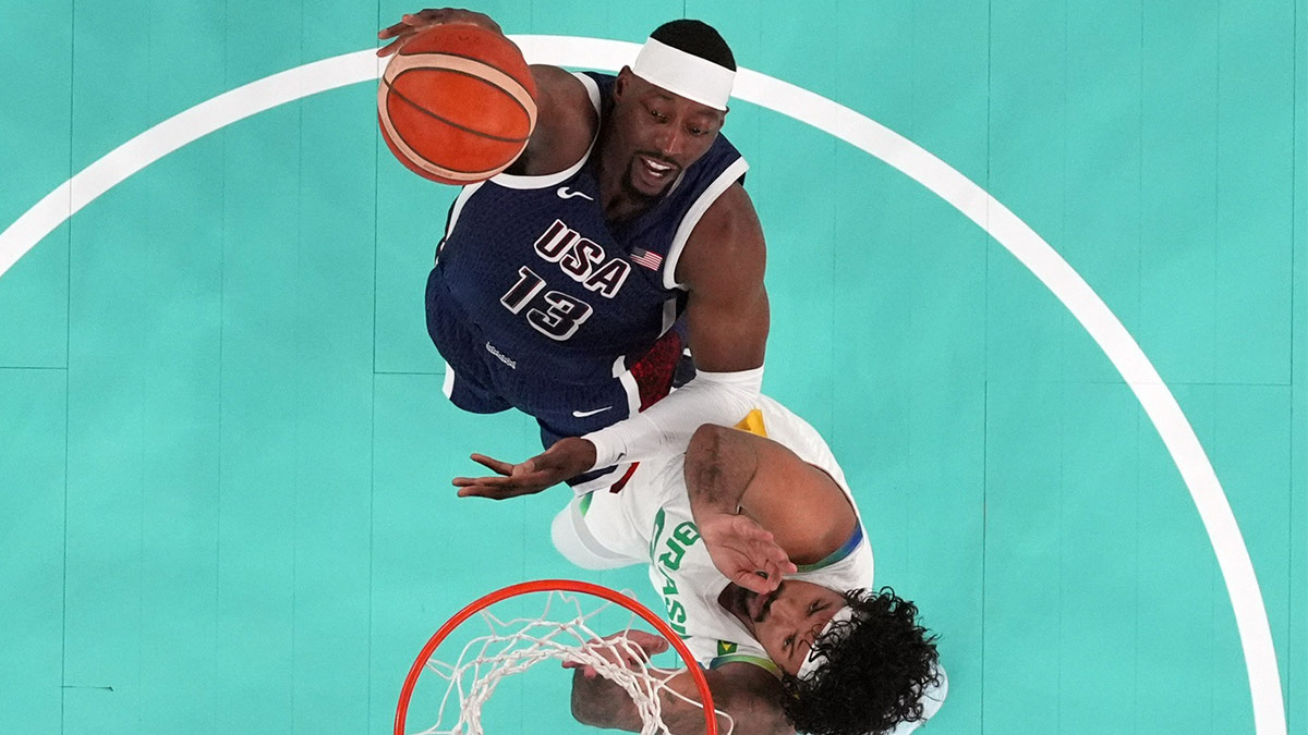 United States centre Bam Adebayo (13) shoots against Brazil power forward Lucas Dias (99) in the first half in a men’s basketball quarterfinal game during the Paris 2024 Olympic Summer Games at Accor Arena.