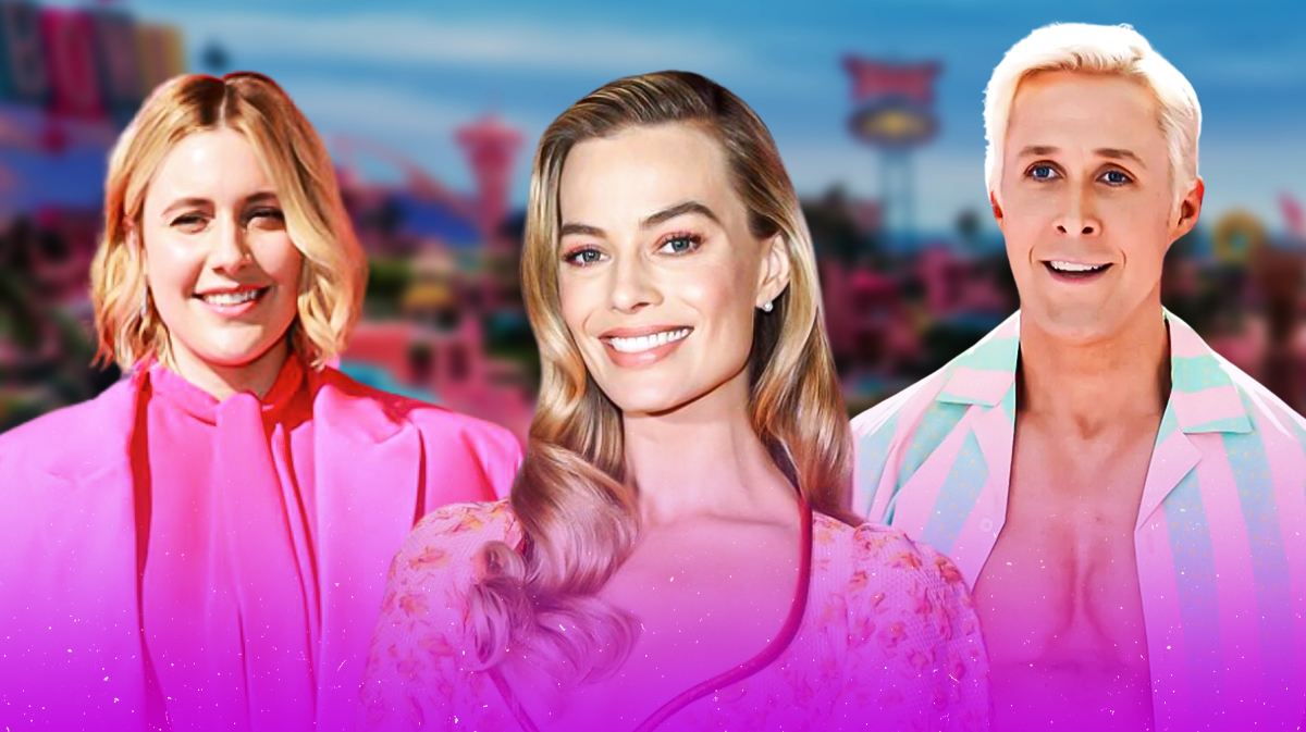 Barbie director Greta Gerwig with stars Margot Robbie and Ryan Gosling and Barbieland background.