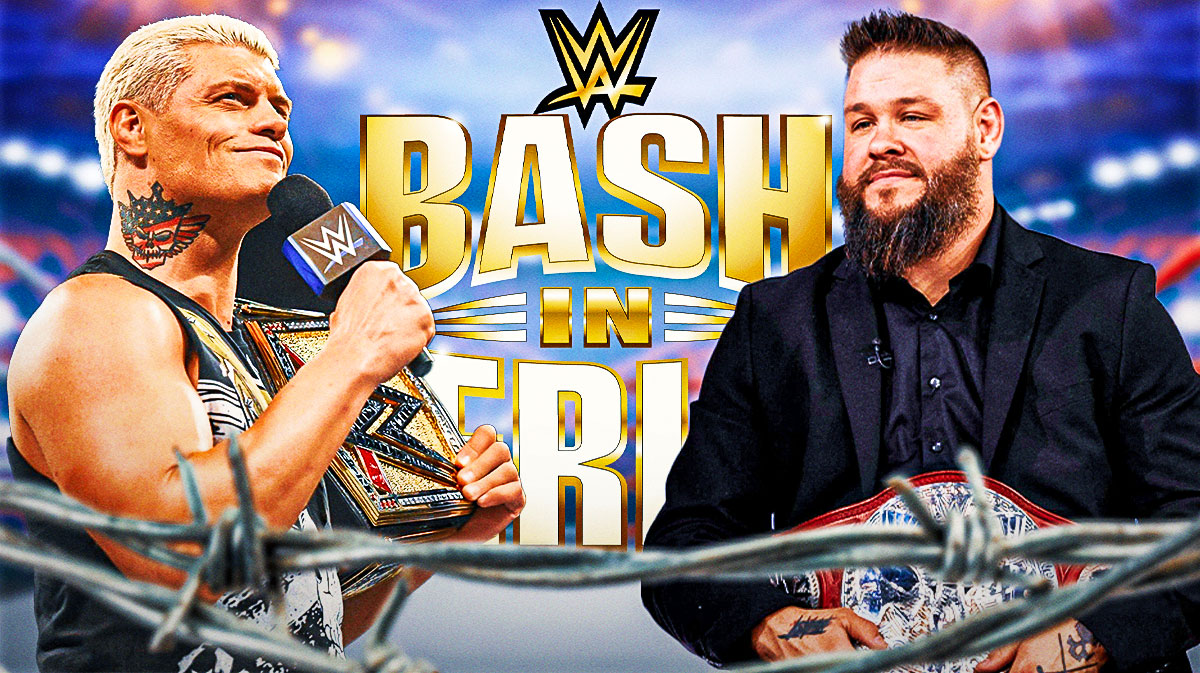 Cody Rhodes with a text bubble reading "Hey Buddy" next to Kevin Owens with the Bash in Berlin logo as the background.